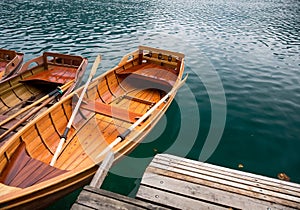 Traditional wooden boats on Lake Bled, Slovenia.