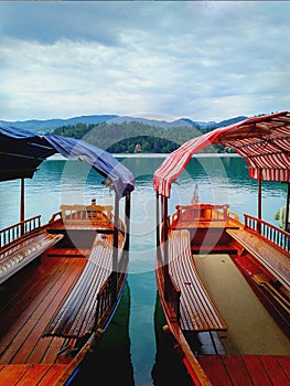 Lake Bled Slovenia - traditional wooden boats on the water