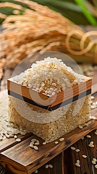 Traditional Wooden Box Filled with Uncooked Rice on Rustic Wooden Table with Rice Plants