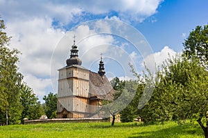 Traditional wooden church in a park in Nowy Sacz