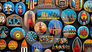 Traditional wooden colorful souvenir magnets splay Prague Czech Republic magnet art gift colourful display europa east europe