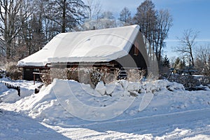 Traditional wooden cottage in winter