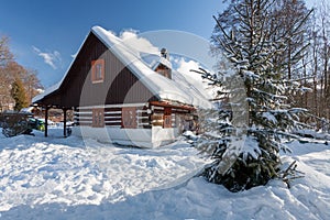 Traditional wooden cottage in winter