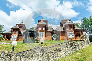 Traditional wooden cottages at Sarganska osmica railroad station, Serbia