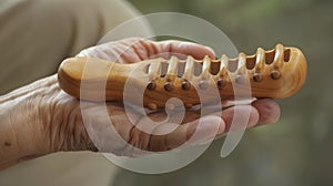 A traditional wooden foot reflexology tool held in a persons hand as they gently manipulate the pressure points on their