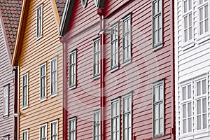 Traditional wooden historic norwegian buildings facades in Bergen. Norway