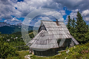 Traditional wooden house in the alpine village of Velika Planina, Slovenia