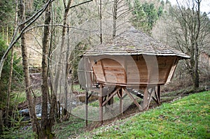 Traditional wooden hut in the trees in the forest