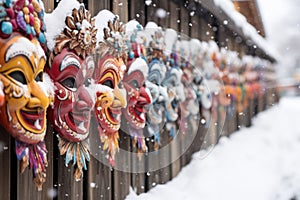 traditional wooden masks in the snow