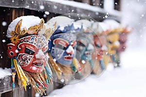traditional wooden masks in the snow