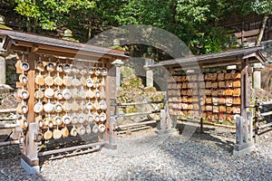 Traditional wooden prayer tablet Ema at Inaba Shrine in Gifu, Gifu Prefecture, Japan. Shrine have a