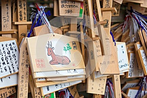 Traditional wooden prayer tablet Ema at Kashima Shrine Kashima jingu Shrine in Kashima, Ibaraki Prefecture, Japan