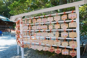 Traditional wooden prayer tablet Ema at Sarutahiko Shrine in Ise, Mie, Japan