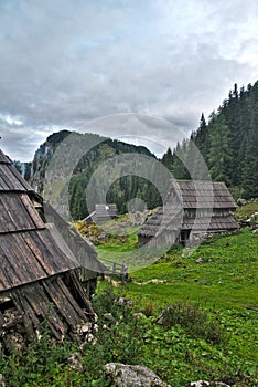 Traditional wooden shepherd cottage in Julian Alps