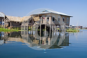 Traditional wooden stilt houses at the Inle lake