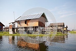 Traditional wooden stilt houses on the Lake Inle Myanmar