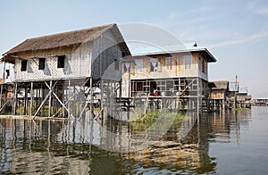 Traditional wooden stilt houses on the Lake Inle Myanmar