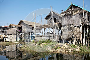 Traditional wooden stilt houses on the Lake Inle Myanmar