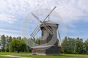 Traditional wooden windmill of a Russian countryside. Suzdal, Russia