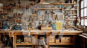 traditional woodworking workshop full of hand tools