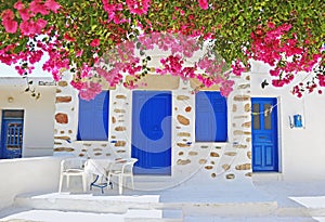 Traditional yard with bougainvilleas at Ano Koufonisi island Cyclades Greece