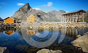 Traditional yellow rorbu house in drying flakes for stockfish cod fish in norwegian fjord in summer. Sakrisoy fishing village,