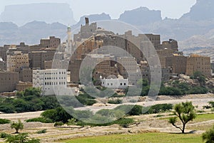 Traditional Yemeni mud brick buildings town, Hadramaut, Yemen.