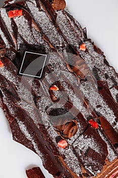 Traditional Yule log with chocolate shavings and candied berries
