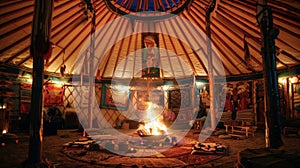 A traditional yurt adorned with woven tapestries and paintings depicting nature and spiritual symbols. Inside a fire