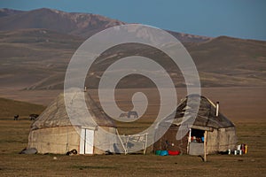 Traditional yurts at Song Kol Lake in Kyrgyzstan