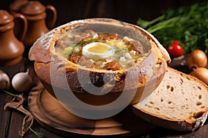 Traditional zurek. Polish rye soup. Sour bread soup served with boiled egg and sausage