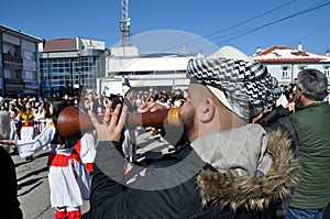 Traditional zurle musicians at ceremony marking the 10th anniversary of Kosovo`s independence in center Dragash