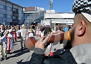 Traditional zurle musicians at ceremony marking the 10th anniversary of Kosovo`s independence in Dragash