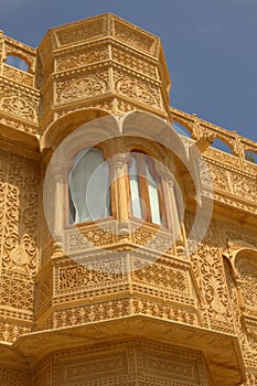 Traditionally crafted decorative stonework on a haveli