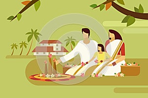Traditionally dressed family do floral designs on floor against the background of their home.