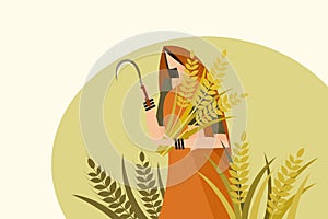 Traditionally dressed Indian woman holding harvested wheat and sickle in her hand