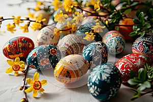 Traditionally painted Easter eggs lie on a white tablecloth.