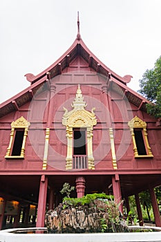 Traditionally thai architecture house with fountain