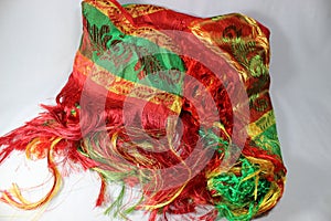 silk headkerchief -traditionnel Amazigh silk headkerchief or lmechbouh.with three colors ; red,yellow and green photo
