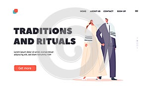 Traditions and Rituals Landing Page Template. Jewish Couple Wedding Ceremony, Contemporary Jew Groom and Bride