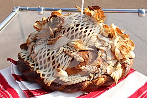 Traditions traditional festive wedding Russian Belarusian Slavic bread loaf close up