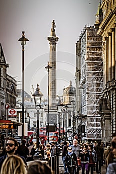 Trafalgar Square, Nelson`s Column. View from Whitehall