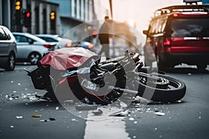 Traffic accident. Crashed motorcycle and car on city street