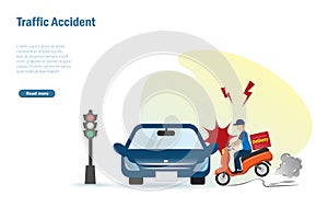 Traffic accident, motorbike crashing with car on street. Car accident and safety drive awareness concept