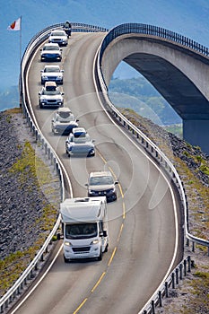 Traffic on Atlantic Ocean Road or the Atlantic Road (Atlanterhavsveien) Norway