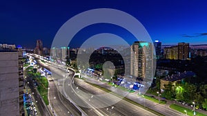 Traffic on avenue Marshal Zhukov timelapse in Moscow at night