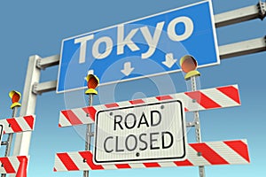 Traffic barricades near Tokyo city traffic sign. Lockdown in Japan conceptual 3D rendering