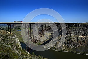 Traffic Big Trucks Transportation Driving Over Bridge Canyon