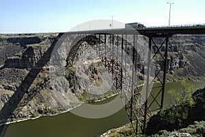 Traffic Big Trucks Transportation Driving Over Bridge Canyon