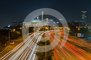 Traffic blurs along the parkways of Seoul City at Night,korea.